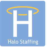 A white H in a blue box, with a gold halo over the H, and the words 'Halo Staffing' underneath