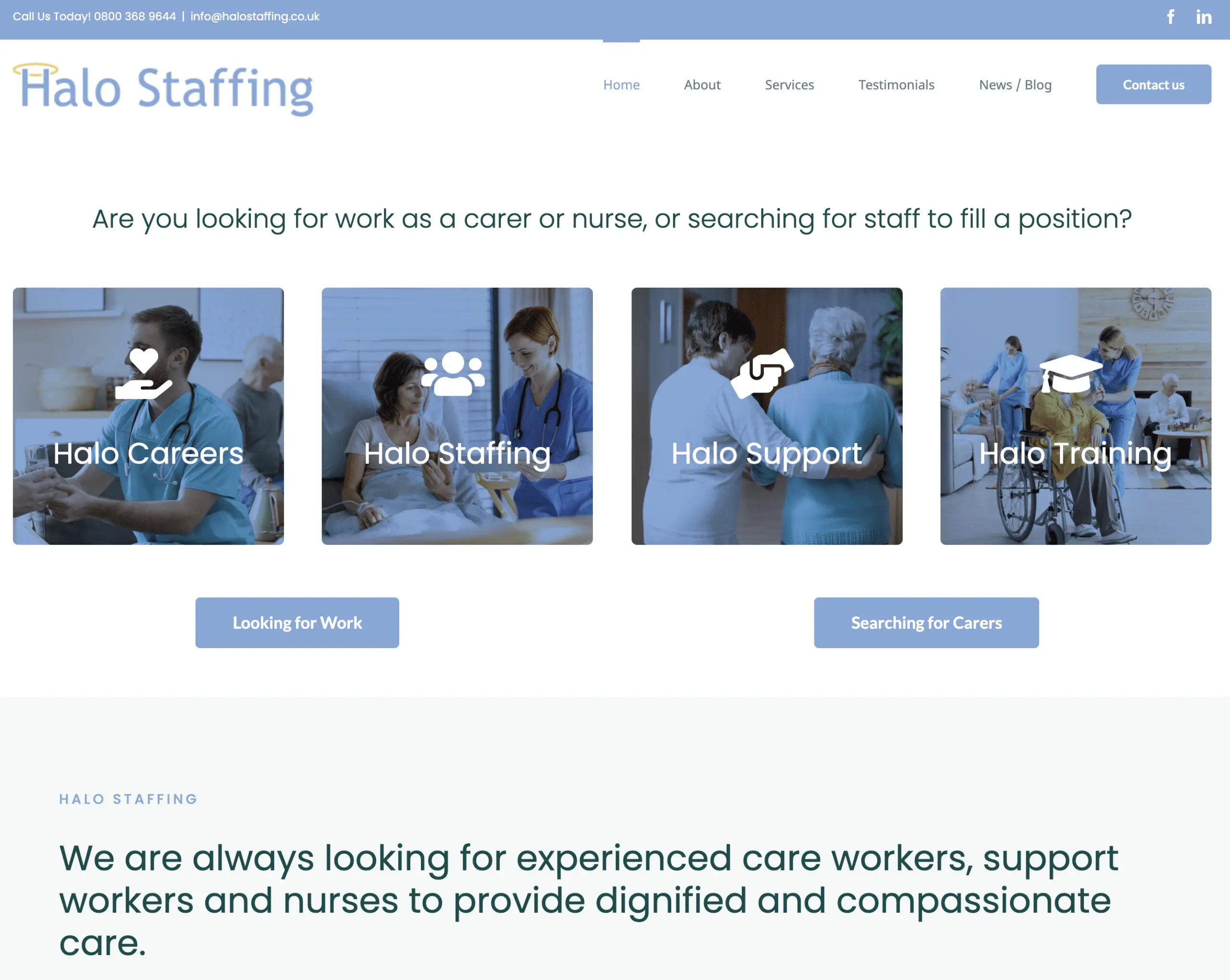 A picture of a website, with Halo Staffing in the top left, and four images in the middle
