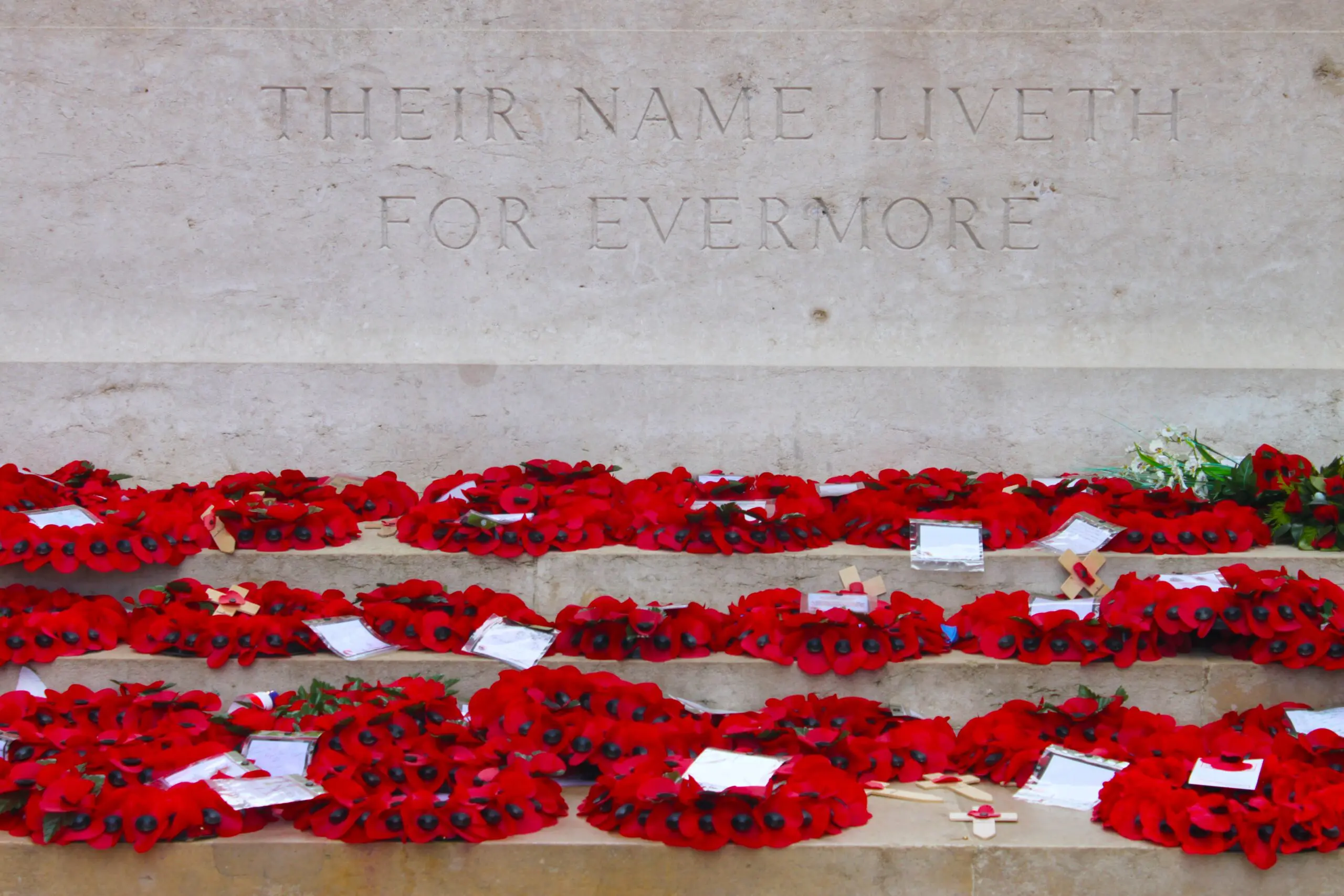 A Remembrance Day image, with a plaque reading 'Their name liveth on for evermore' in all capitals, and a large number of poppy wreaths underneath it