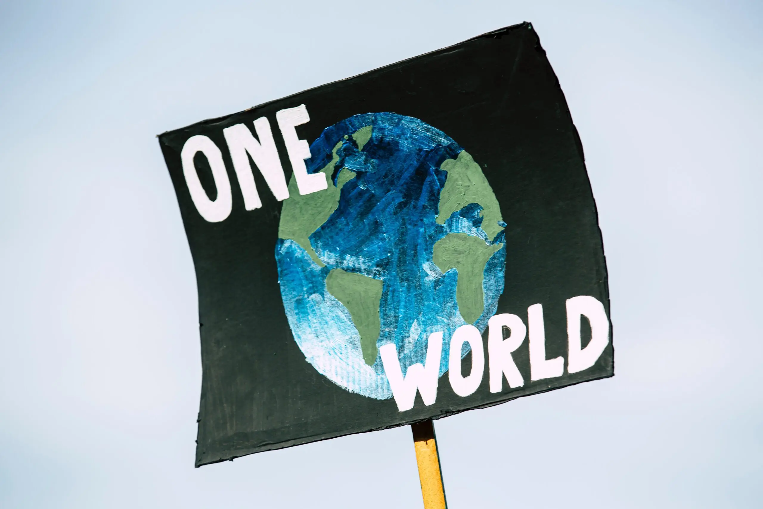 A placard, painted with a picture of Earth and the text 'One World'