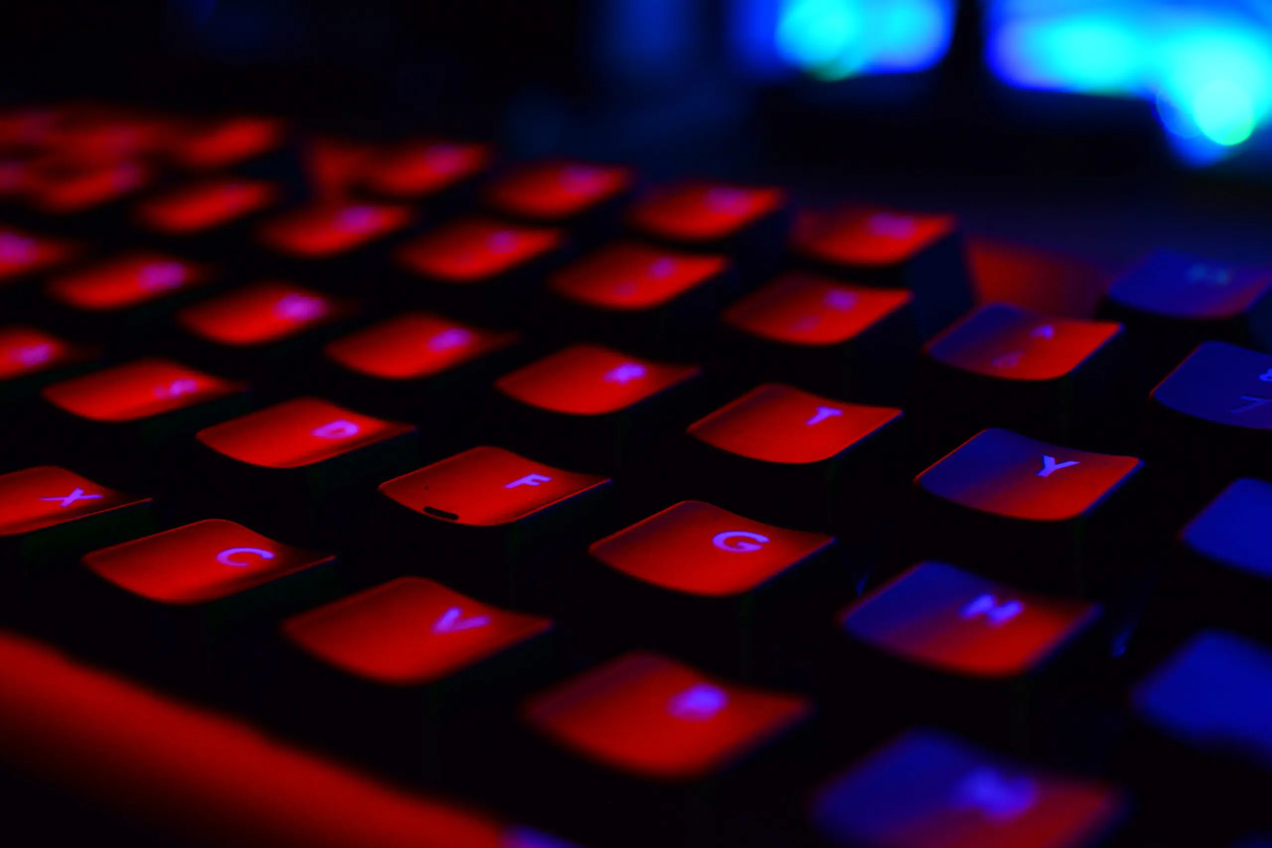 A keyboard, lit up in red