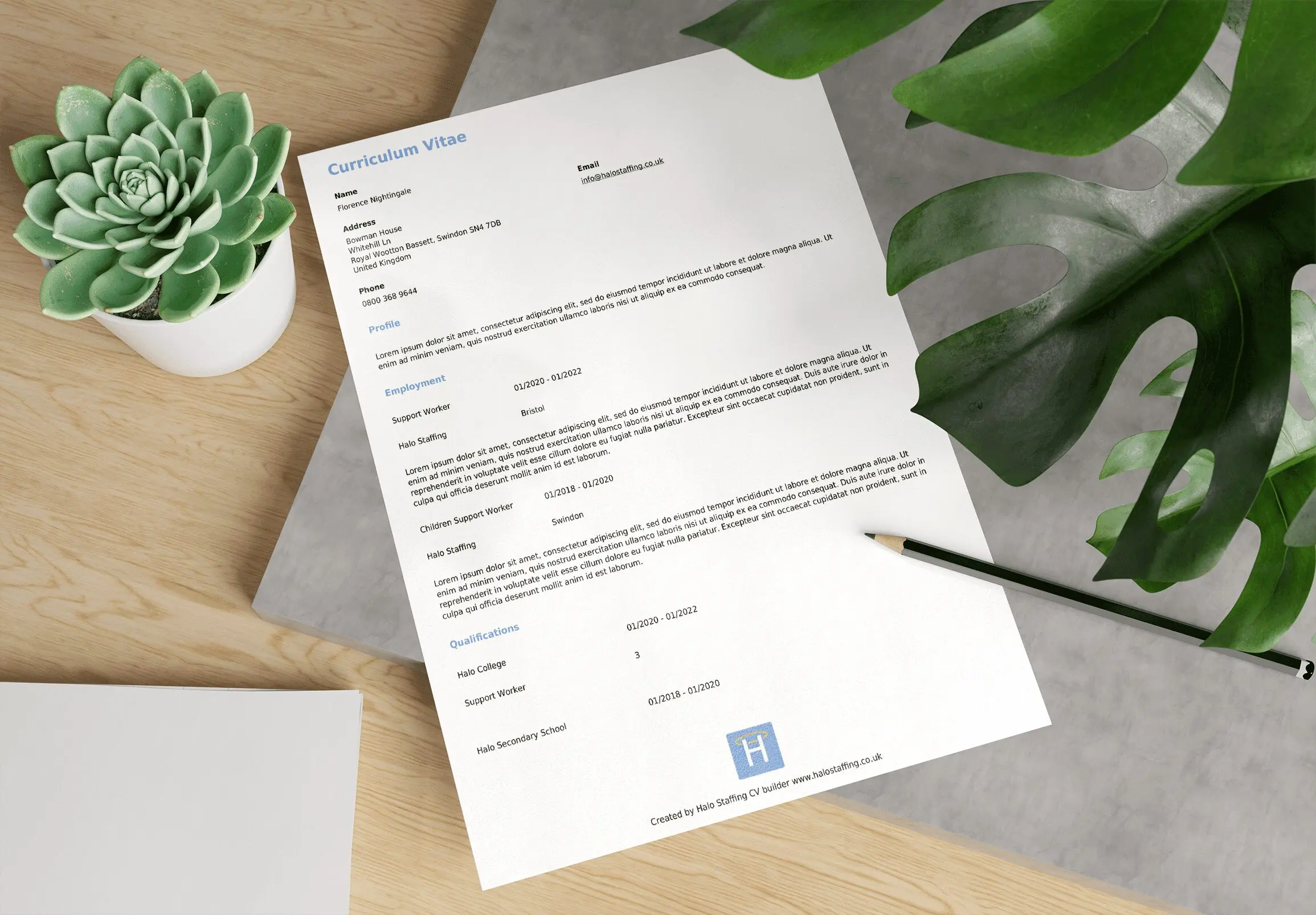 A Halo Staffing branded CV example