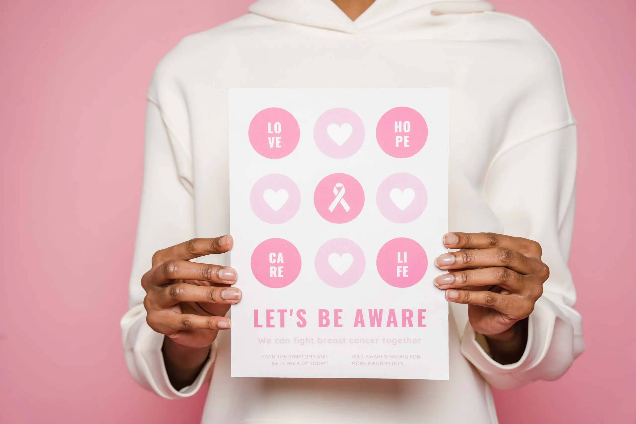 Someone holding up a breast cancer awareness poster