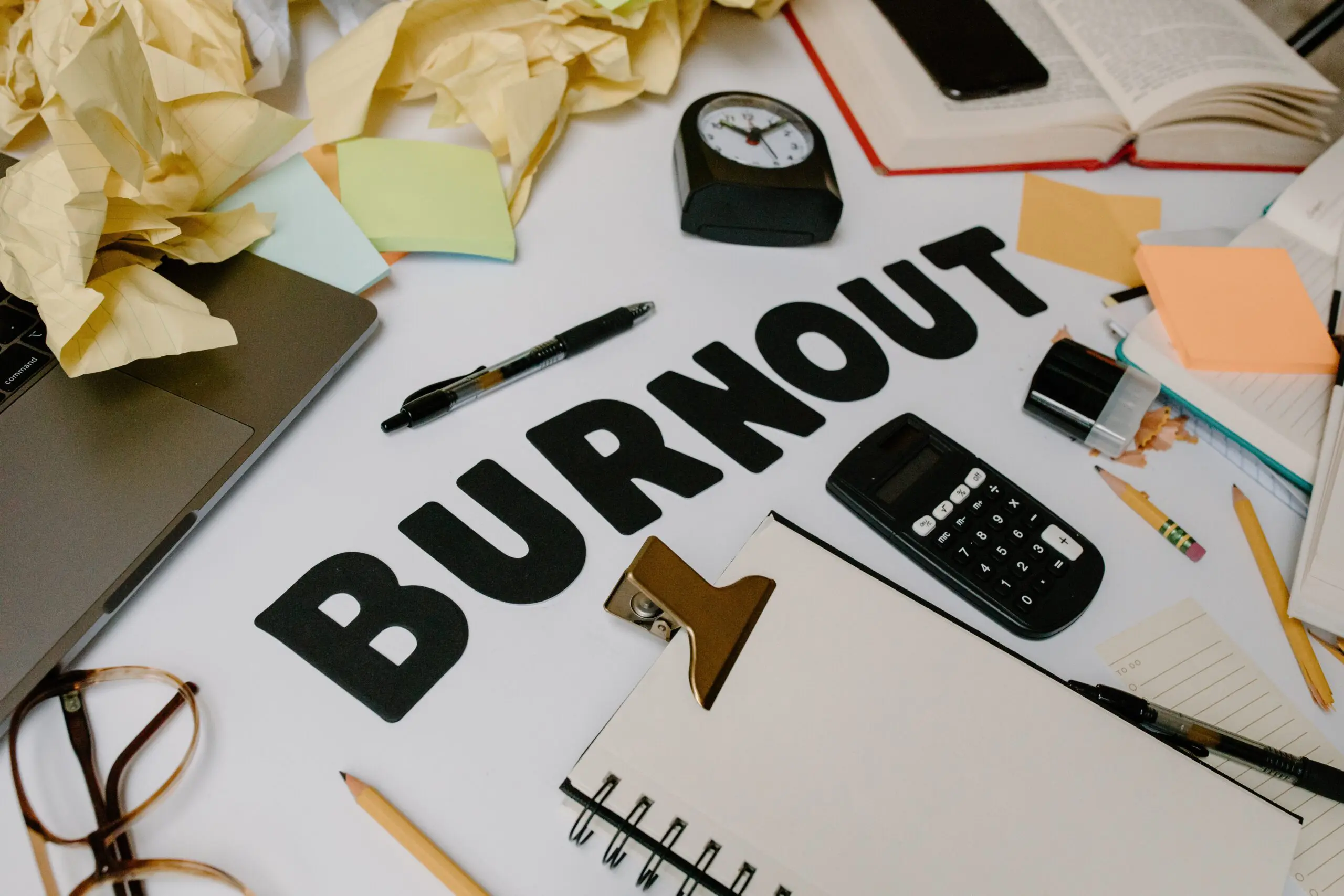 The word 'Burnout' surrounded by heavily used stationary