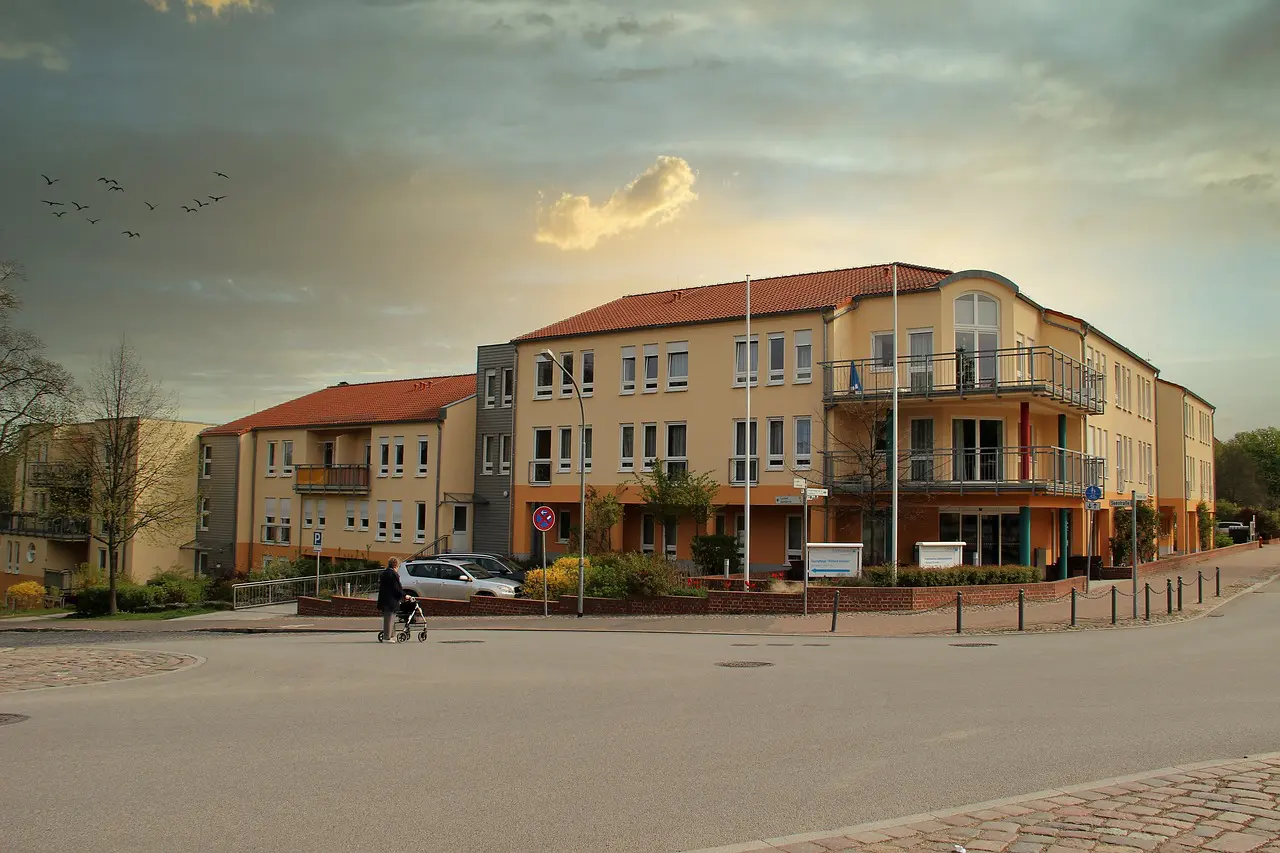 A large building, with a view from the street