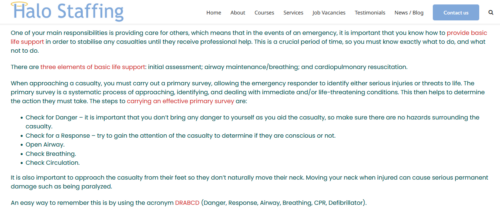 A picture of some of the text included within the Basic Life Support course, on the topic of an initial assessment of a casualty. The navigation bar is at the top of the image.