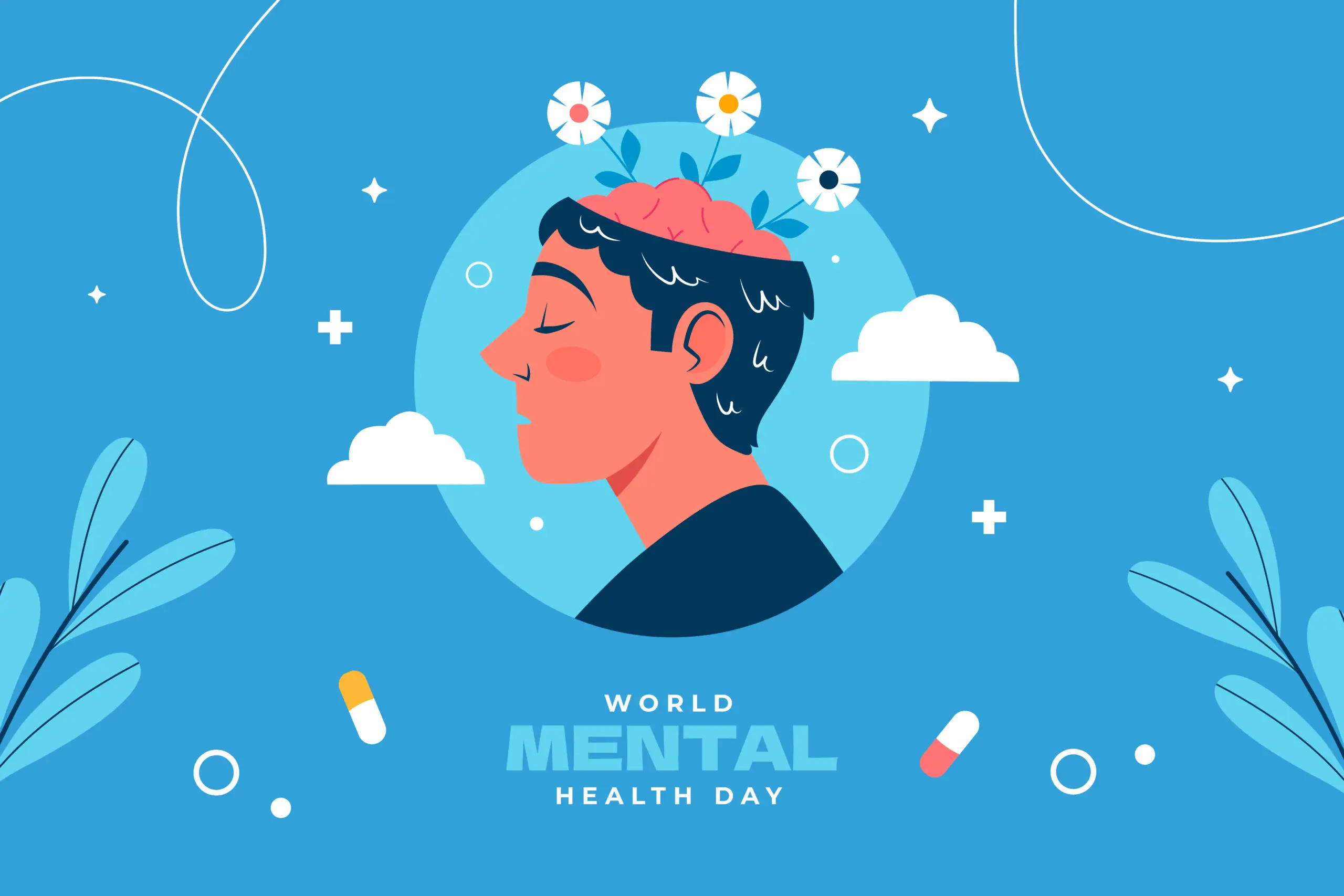 A world mental health day image, with a picture of someone with flowers growing out of their brain