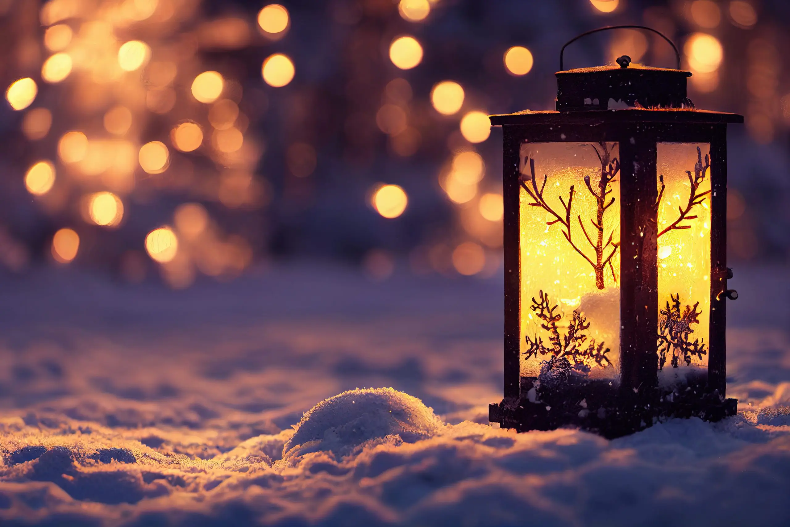 Christmas Lantern With Fir Branch and Decoration On Snowy Table - Defocused Background