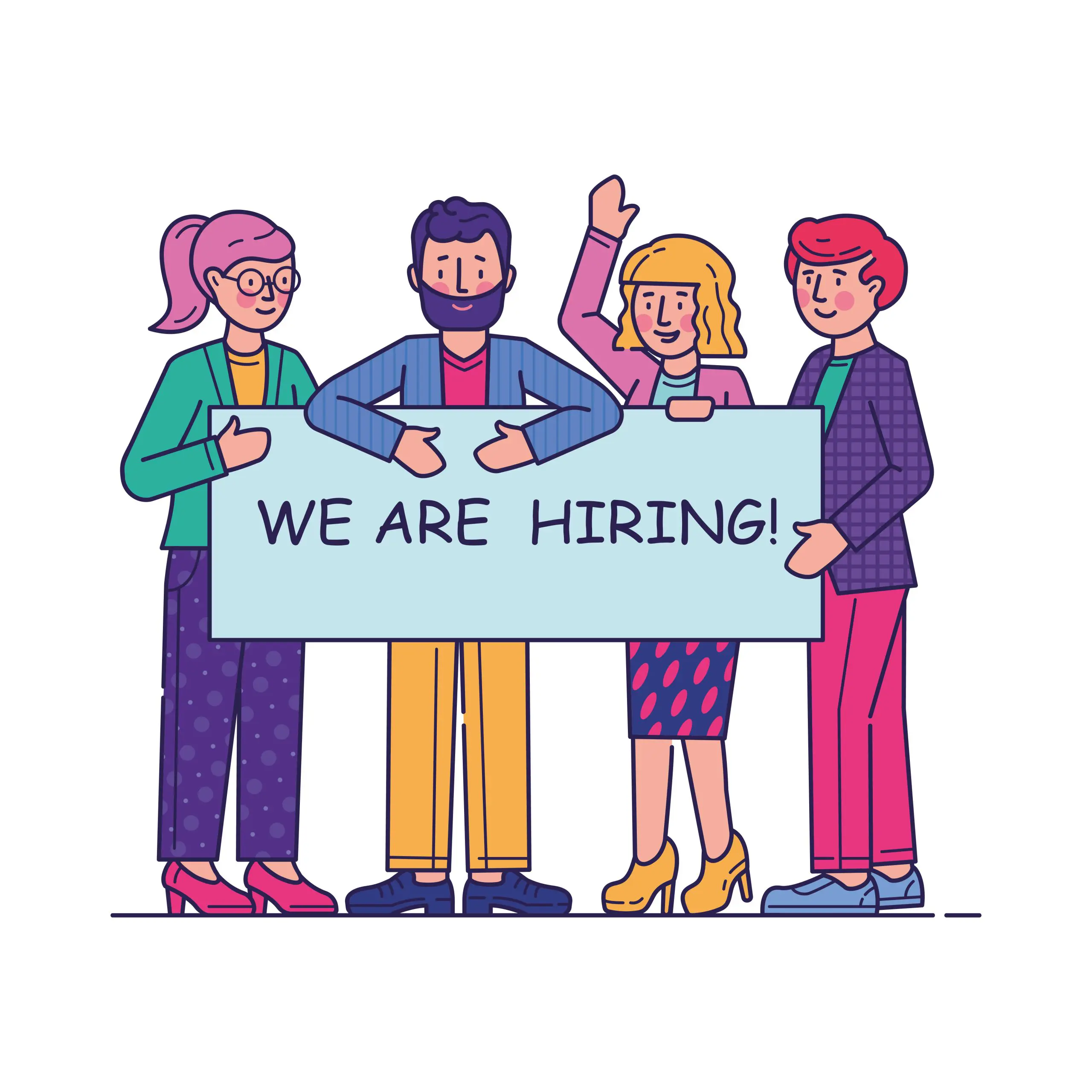 an illustration of 4 people holding a sign that says we are hiring