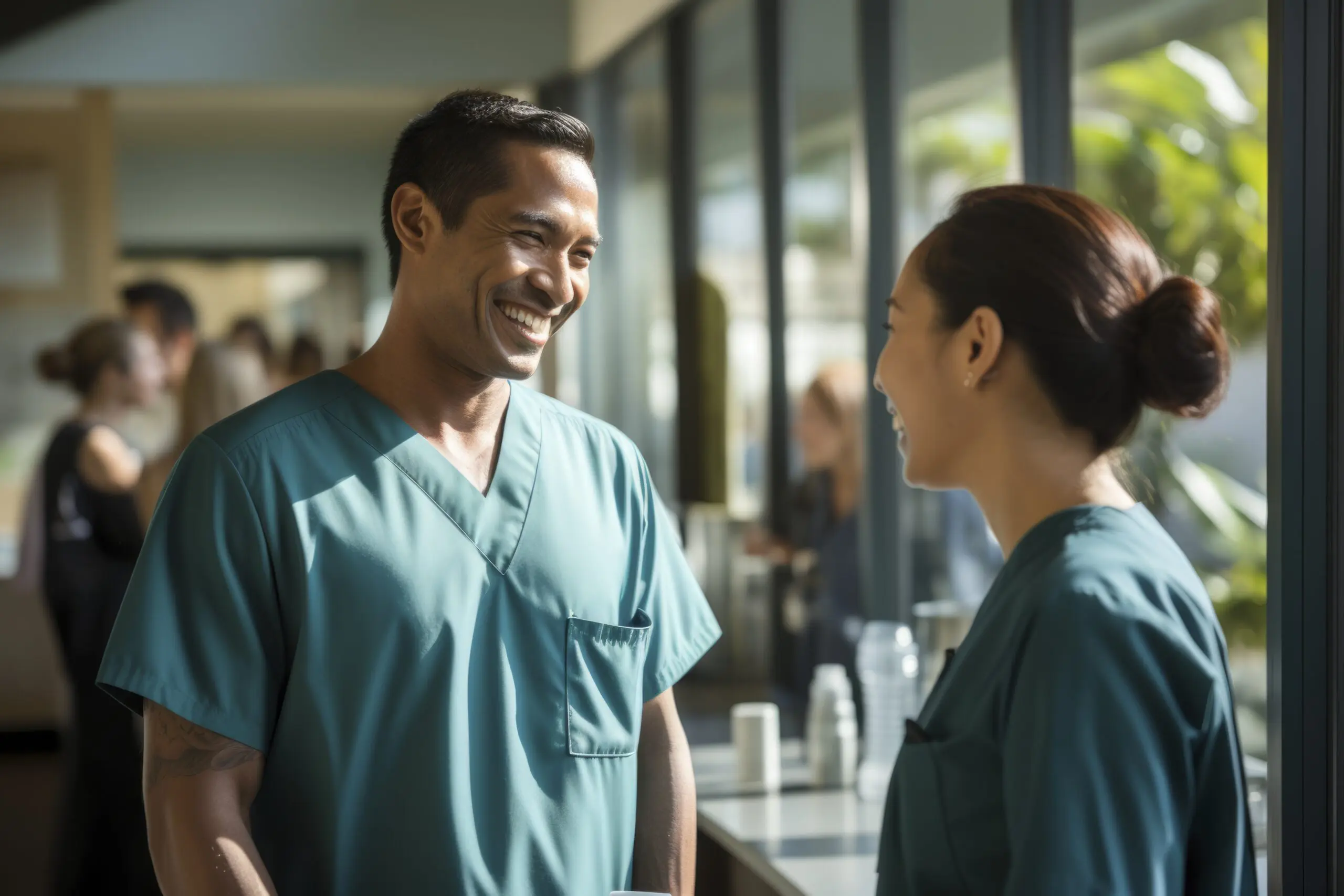 Close up portrait of three care workers thinking. Two of which are unknowingly copying each others personalities and habits