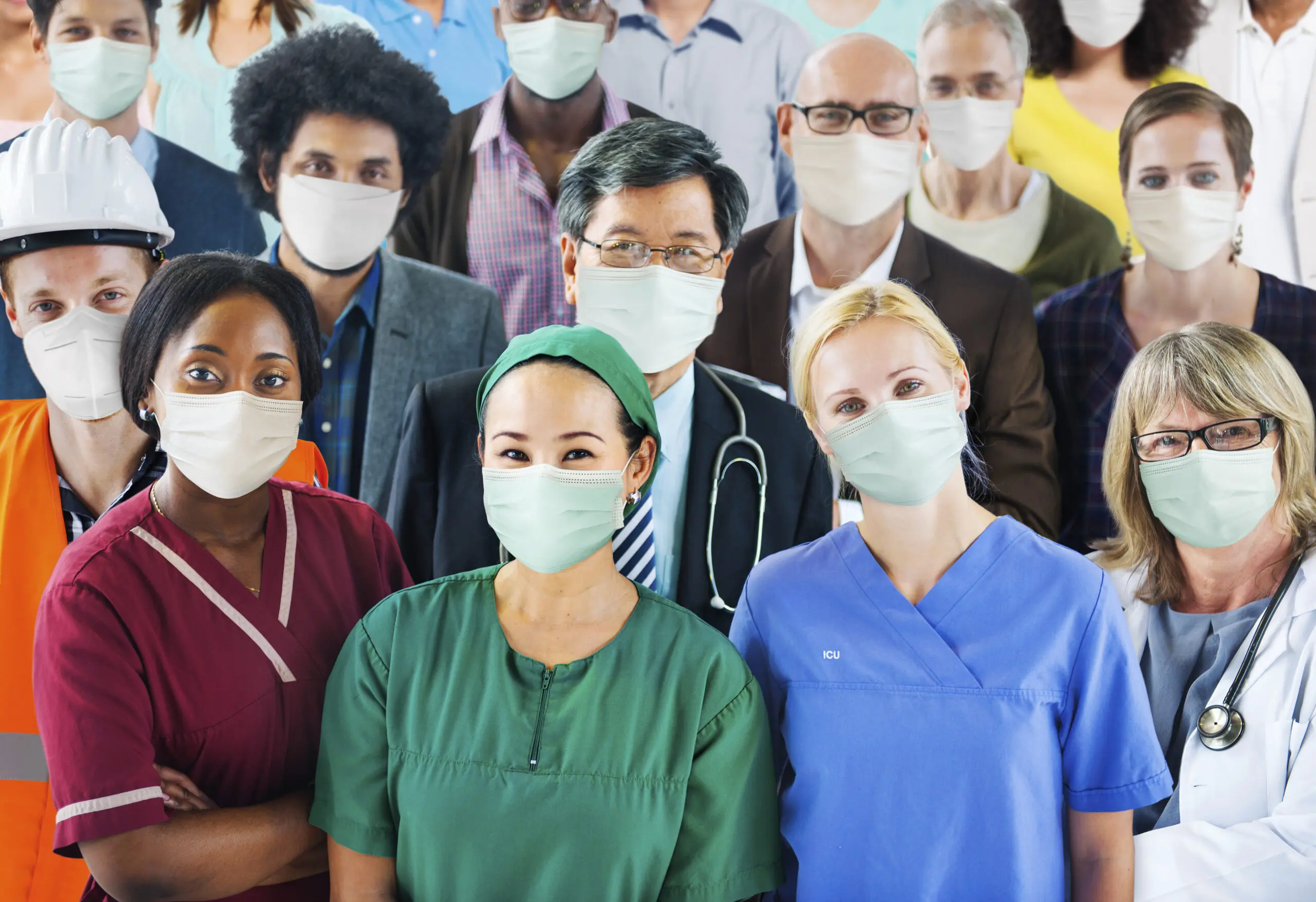 frontline healthcare workers from all over the world standing together
