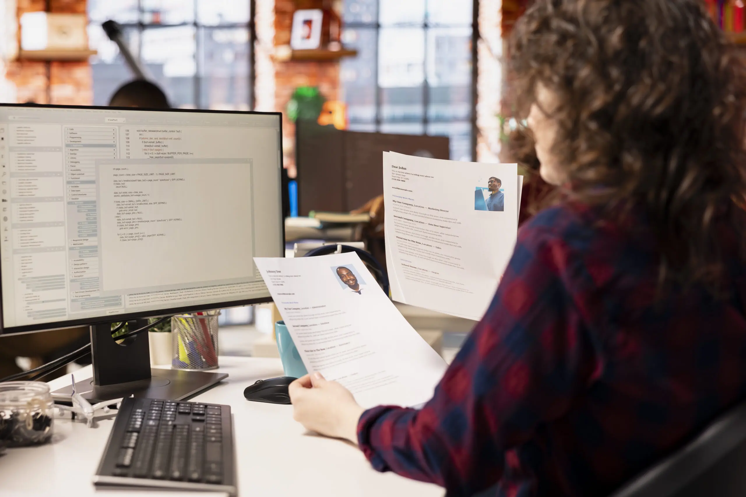 Startup HR worker identifying right candidates for job opening, reviewing resumes to determine qualifications. Woman doing screening process, selecting skilled people for a support worker position
