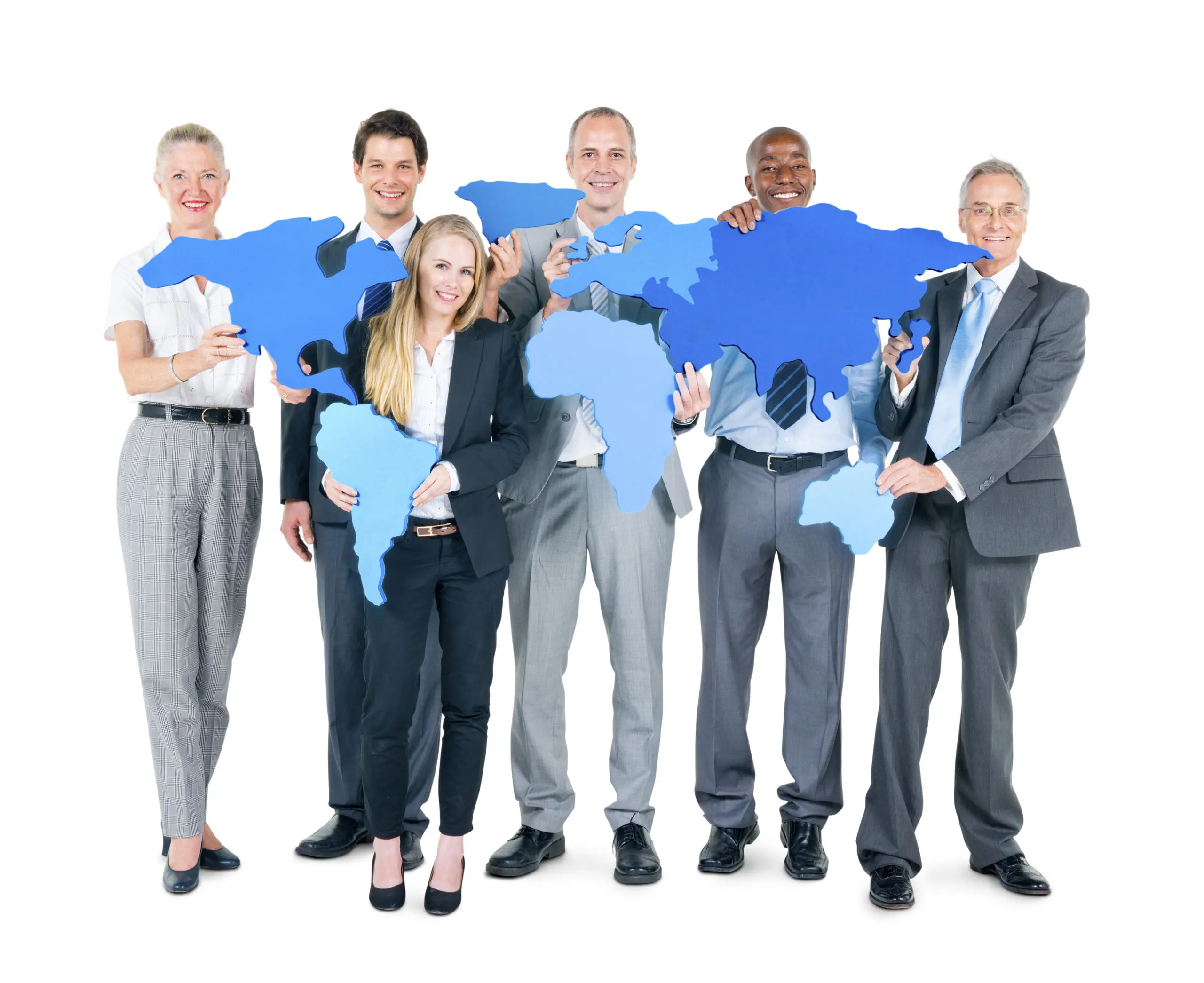 people from around the world in suits holding up pieces of the map