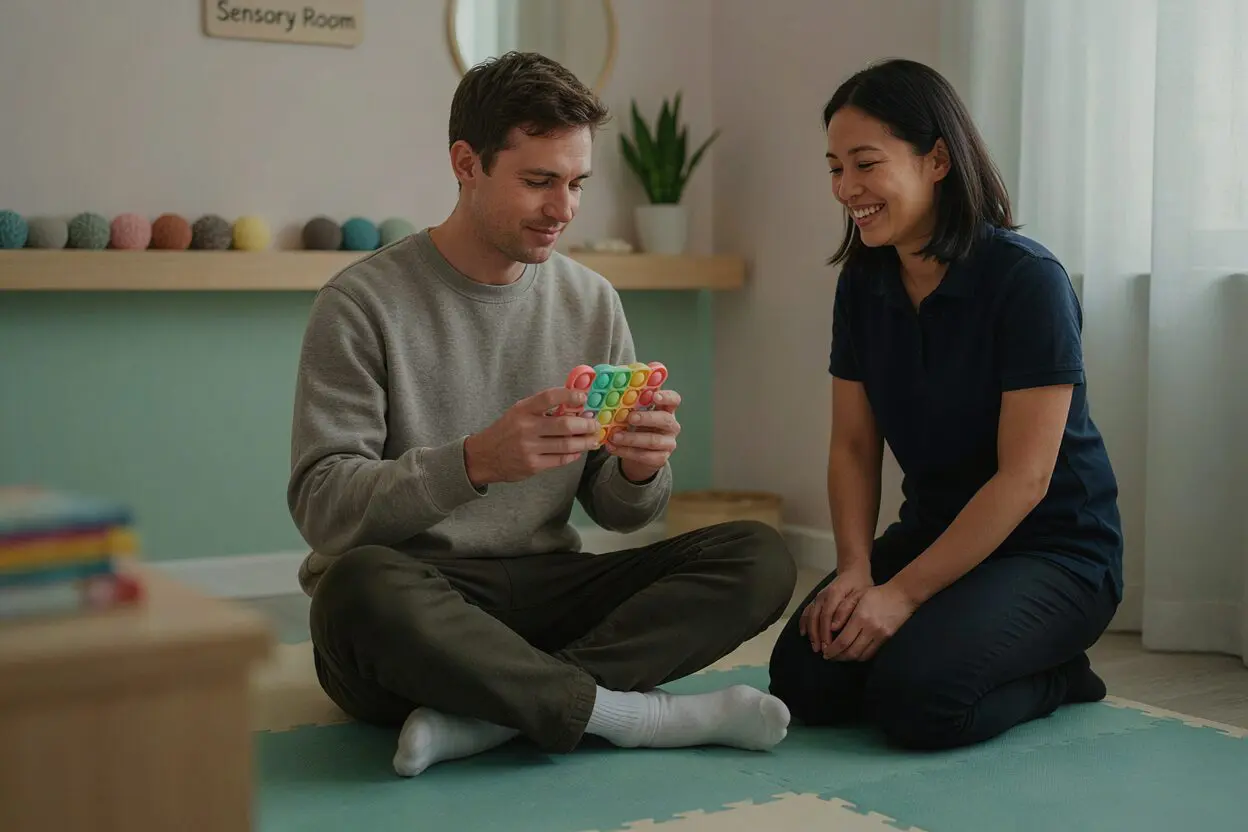 autistic adult playing with a fidget toy with nurse supporting and smiling