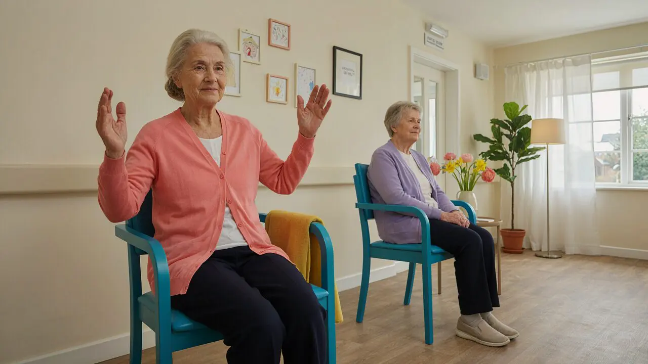 two elderly women taking part in seated exercises at their care home