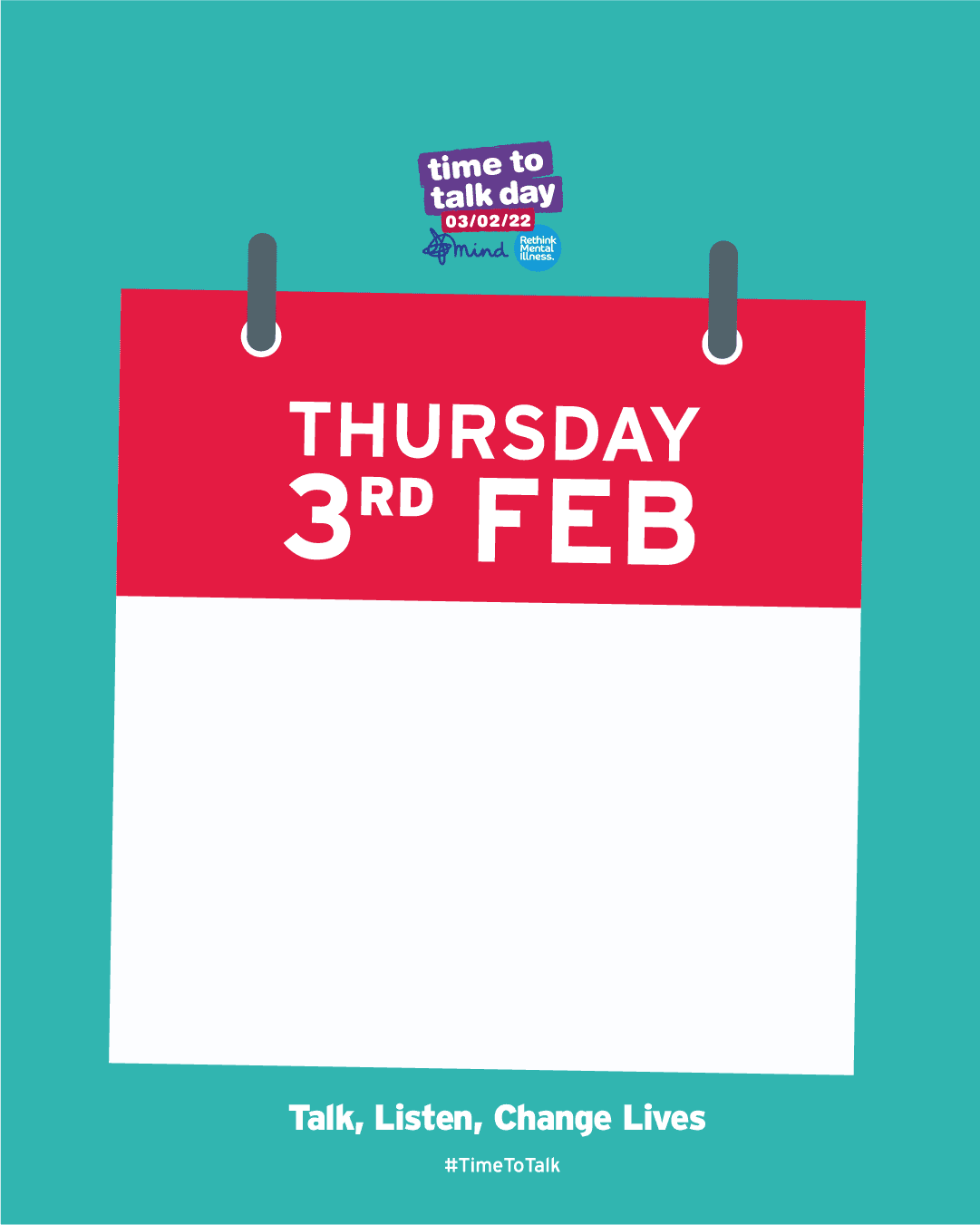 An image of a calendar on Thursday 3rd February, and 'Time to talk day' above it