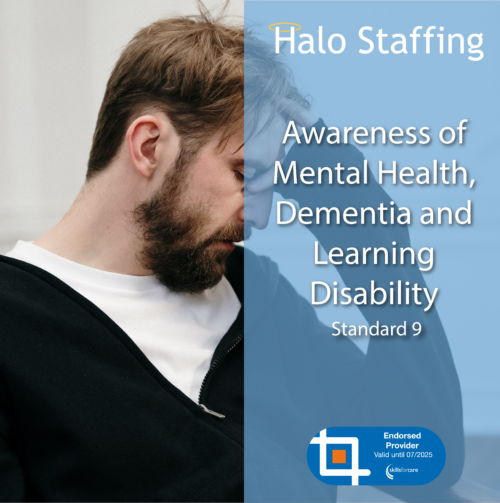 A man with his head in his hand. Overlaid are the words 'Halo Staffing, Awareness of Mental Health, Dementia, and Learning Disability, Standard 9' and underneath is a Skills For Care Endorsed Provider logo