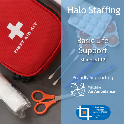 A first aid kit. Overlaid are the words 'Halo Staffing, Basic Life Support, Standard 12, Proudly supporting Wiltshire Air Ambulance' and underneath is a Skills For Care Endorsed Provider logo
