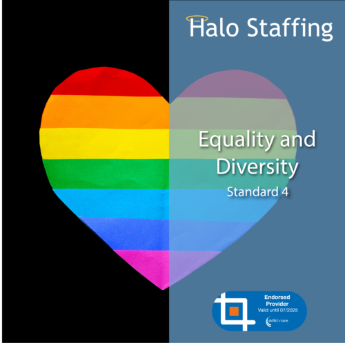 A heart that is rainbow coloured. Overlaid are the words 'Halo Staffing, Equality and Diversity, Standard 4' and underneath is a Skills For Care Endorsed Provider logo
