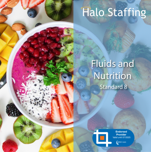 A collection of sliced fruit in a bowl. Overlaid are the words 'Halo Staffing, Fluids and Nutrition, Standard 8' and underneath is a Skills For Care Endorsed Provider logo