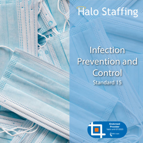 A collection of face masks. Overlaid are the words 'Halo Staffing, Infection Prevention and Control, Standard 15' and underneath is a Skills For Care Endorsed Provider logo