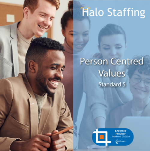 Five people smiling at a laptop. Overlaid are the words 'Halo Staffing, Person Centred Values, Standard 5' and underneath is a Skills For Care Endorsed Provider logo