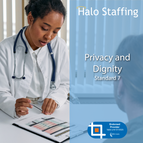 A doctor showing someone something on a clipboard. Overlaid are the words 'Halo Staffing, Privacy and Dignity, Standard 7' and underneath is a Skills For Care Endorsed Provider logo