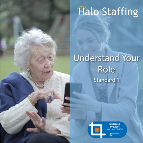 Two people in the background, one showing the other something on a phone. Overlaid are the words 'Halo Staffing, Understand Your Role, Standard 1' and underneath is a Skills For Care Endorsed Provider logo