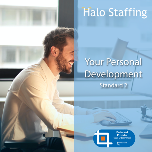 A smiling man on a computer. Overlaid are the words 'Halo Staffing, Your Personal Development, Standard 2' and underneath is a Skills For Care Endorsed Provider logo