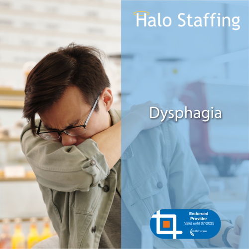 An image of someone sneezing into their elbow. Overlaid are the words 'Halo Staffing, Dysphagia' and underneath is a Skills For Care Endorsed Provider logo