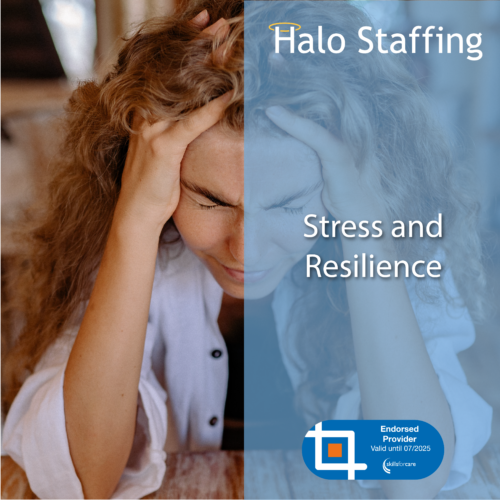 A person with their head in their hands, frowning. Overlaid are the words 'Halo Staffing, Stress and Resilience' and underneath is a Skills For Care Endorsed Provider logo