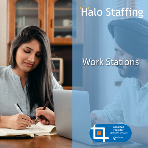 Two people, one on a laptop, writing in the same book. Overlaid are the words 'Halo Staffing, Work Stations' and underneath is a Skills For Care Endorsed Provider logo