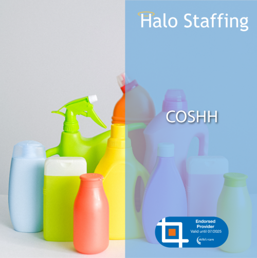 A collection of cleaning supplies. Overlaid are the words 'Halo Staffing, COSHH' and underneath is a Skills For Care Endorsed Provider logo