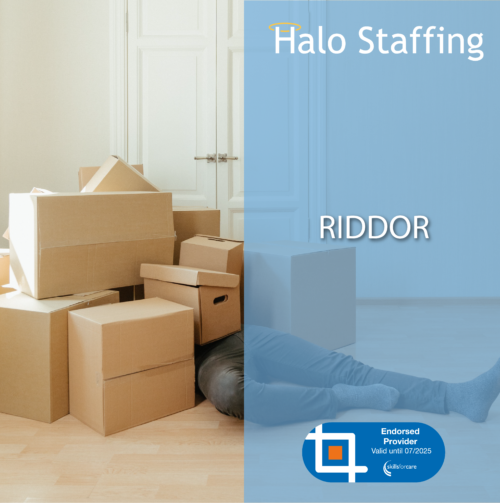 The legs of someone poking out from under a pile of boxes. Overlaid are the words 'Halo Staffing, RIDDOR' and underneath is a Skills For Care Endorsed Provider logo