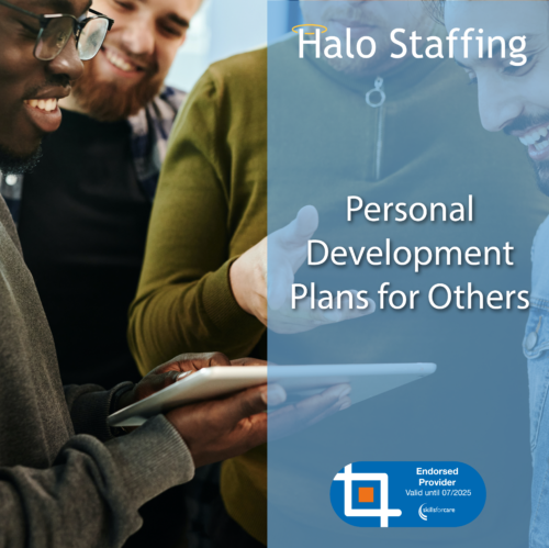A group of four people looking at a laptop. Overlaid are the words 'Halo Staffing, Personal Development Plans for Others' and underneath is a Skills For Care Endorsed Provider logo
