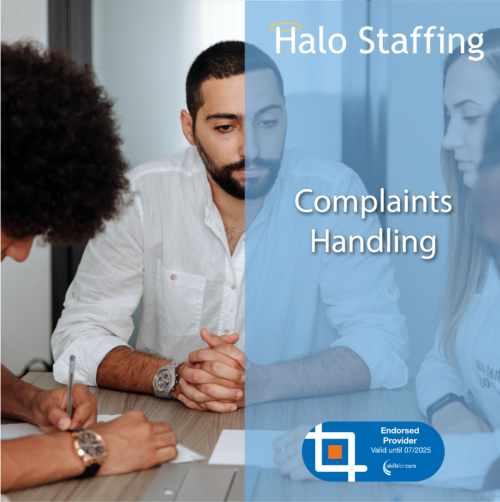 Three people sat around a table. Overlaid are the words 'Halo Staffing, Complaints Handling' and underneath is a Skills For Care Endorsed Provider logo
