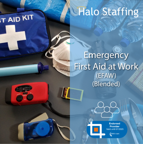 A first aid kit, with respirator, radio, matches and water bottles. Overlaid are the words 'Halo Staffing, Emergency First Aid at Work (EFAW) (Blended)' and underneath is a Skills For Care Endorsed Provider logo
