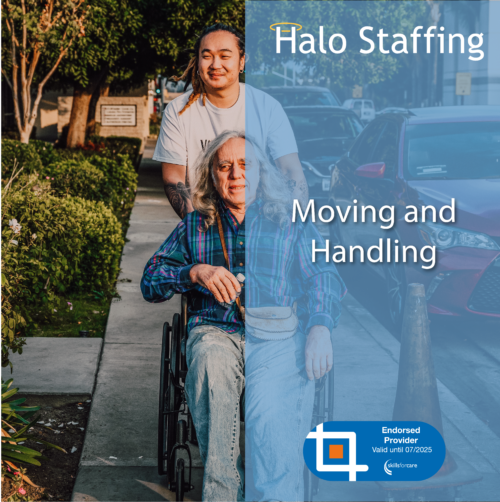 Someone pushing an older person in a wheelchair down a street. Overlaid are the words 'Halo Staffing, Moving and Handling' and underneath is a Skills For Care Endorsed Provider logo