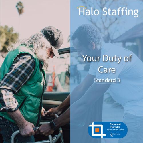A man helping another man out of a car using a walker. Overlaid are the words 'Halo Staffing, Your Duty of Care, Standard 3' and underneath is a Skills For Care Endorsed Provider logo