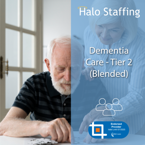 A pair of older people looking down at a puzzle. Overlaid are the words 'Halo Staffing, Dementia Care - Tier 2 (Blended)' and underneath is a Skills For Care Endorsed Provider logo