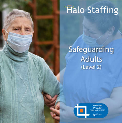 A carer helping someone in a mask. Overlaid are the words 'Halo Staffing, Safeguarding Adults (Level 2)' and underneath is a Skills For Care Endorsed Provider logo