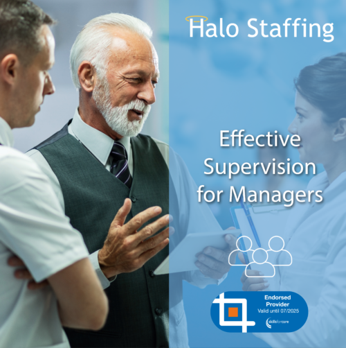 Three people talking with each other. Overlaid are the words 'Halo Staffing, Effective Supervision of Managers' and underneath is a Skills For Care Endorsed Provider logo