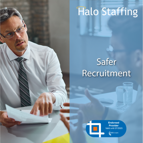 An image of two men talking over a table. Overlaid are the words 'Halo Staffing, Safer Recruitment' and underneath is a Skills For Care Endorsed Provider logo