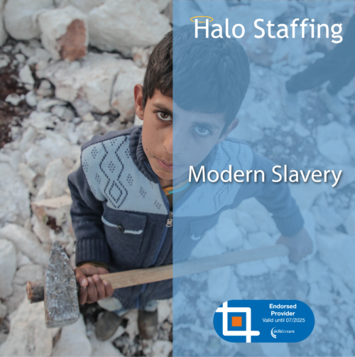 An image of a boy looking up at the camera surrounded by ruin. Overlaid are the words 'Halo Staffing, Modern Slavery' and underneath is a Skills For Care Endorsed Provider logo
